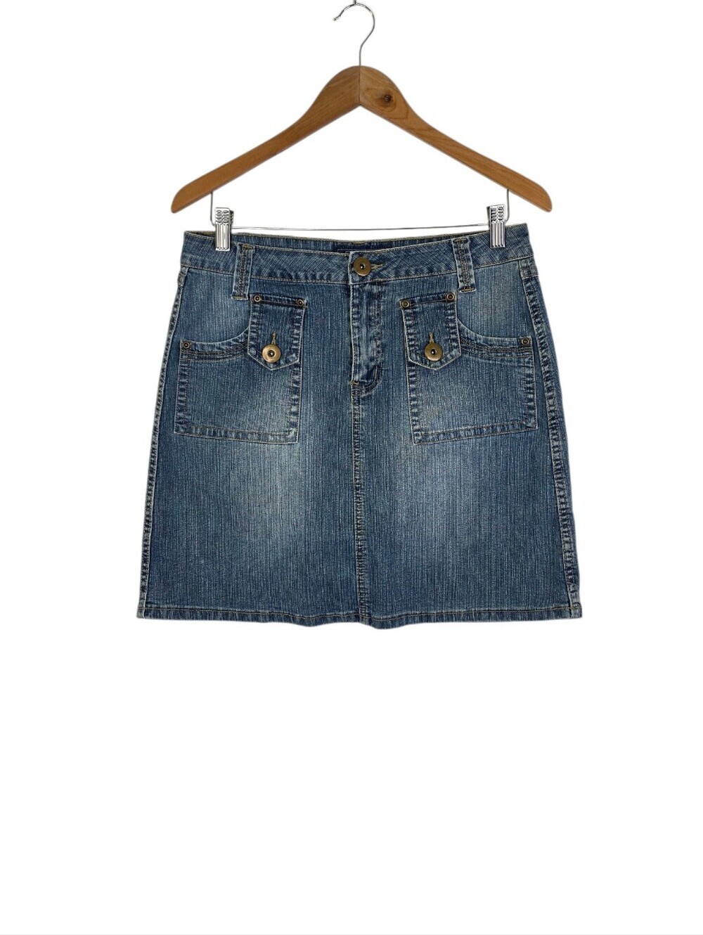 Baccini Women's Size 10 Petite Denim Jean Skirt Zipper Accents Medium Wash 2000s
